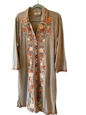 Paparazzi Womens Embroidered Knee Length Cardigan Size L Gray Collar Slit Casual